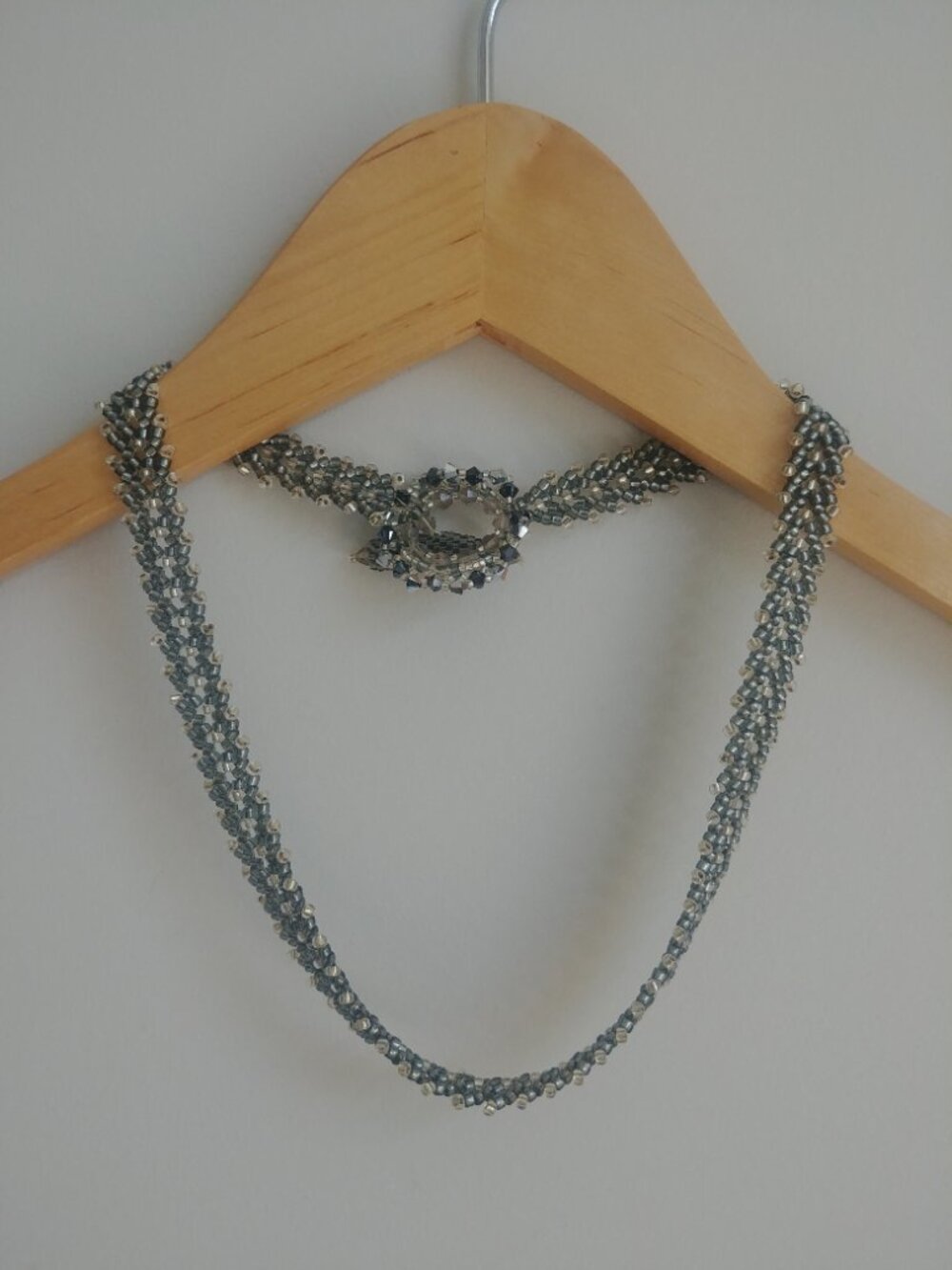 Entirely beaded statement toggle clasp necklace silver clear blue